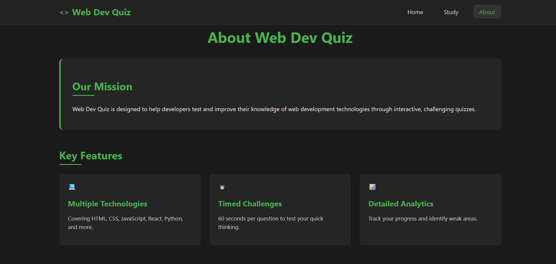 Screenshot of the Web Development Quiz System project
